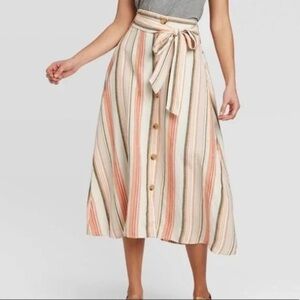 A New Day Striped Linen Blend Midi Skirt Button Front Tie Waist Summer Size S